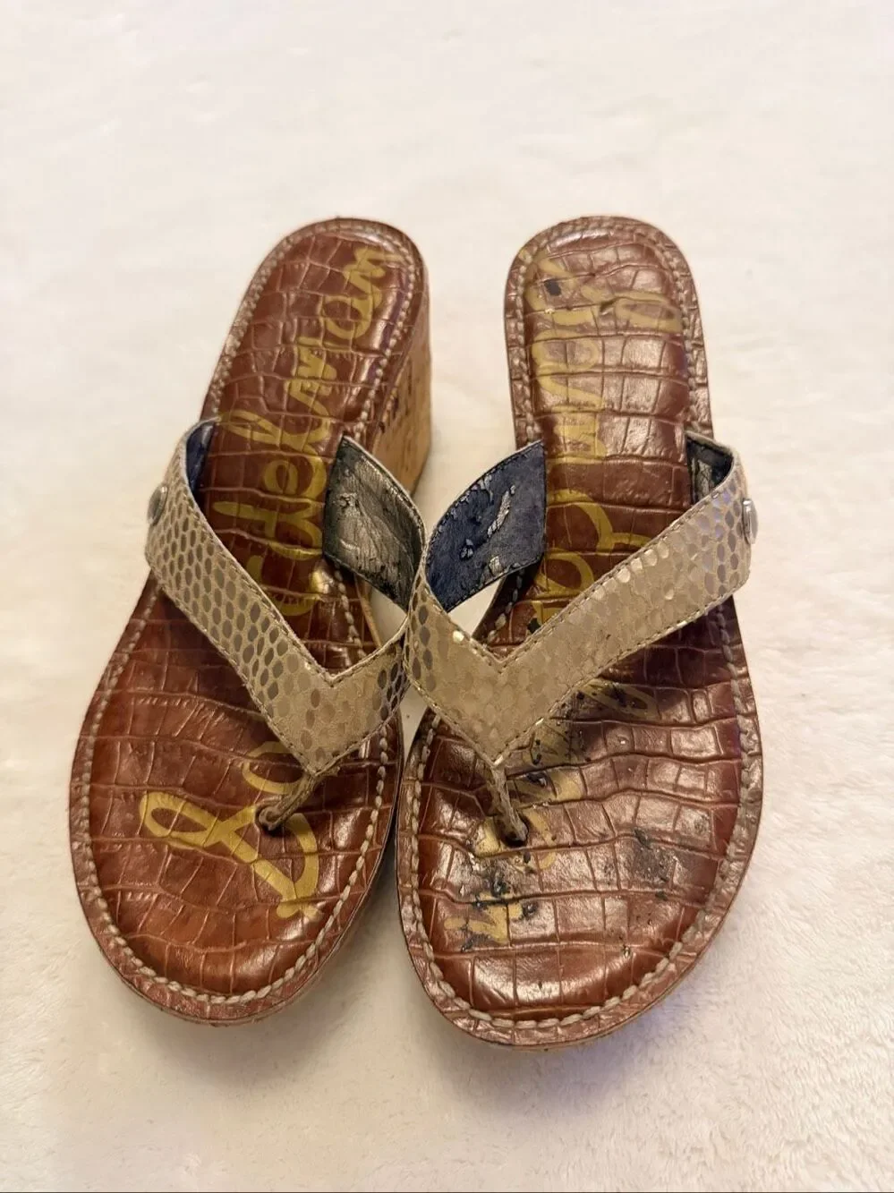 Sam Edelman Romy Cork Wedge Thong Sandals Gold Snakeskin Leather Size 6.5